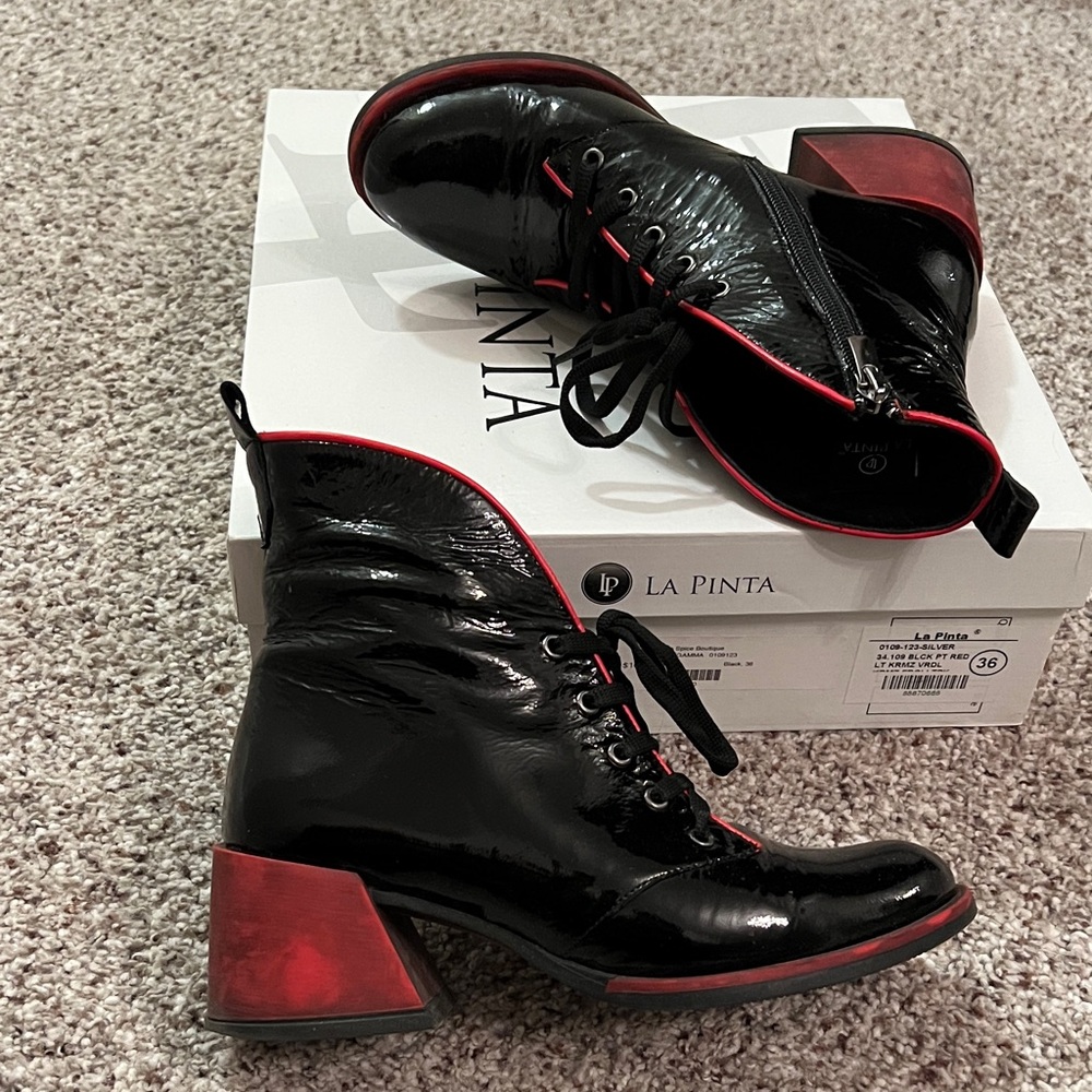 Black Patent Lace-Up Ankle Boots with Red Trim and Block Heel - Picture 3 of 6